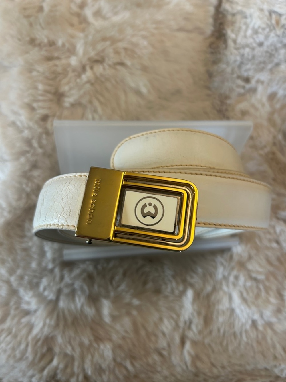 Mila Schon large cream leather belt with gold, silver, cream buckle l-xl